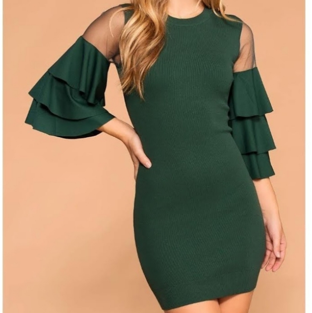 Enchanted Hunter Green Ruffle Sleeve Dress